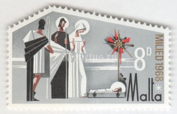 марка Мальта 8 пенни "Mary and Joseph with Shepherd watching over cradle" 1968 год