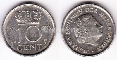монета Нидерланды 10 центов 1972 год