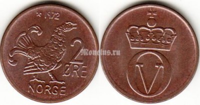 монета Норвегия 2 эре 1972 год Индюк