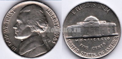 монета США 5 центов 1963 год без отметки монетного двора