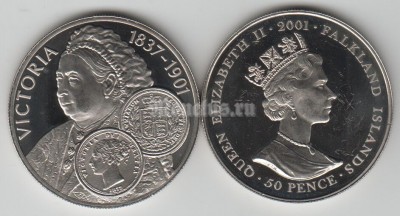 монета Фолклендские острова 50 пенсов 2001 год королева Великобритании  Виктория