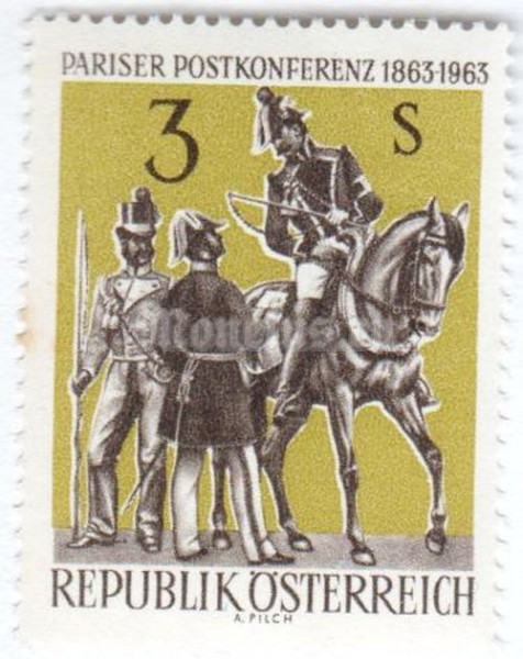 марка Австрия 3 шиллинга "Postmen in 1863 uniforms" 1963 год