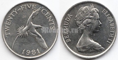 монета Бермуды 25 центов 1981 год - Фаэтон белохвостый 