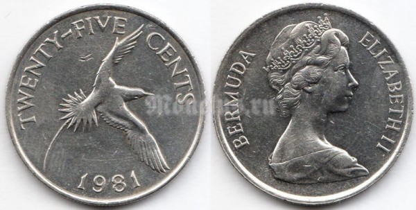 монета Бермуды 25 центов 1981 год - Фаэтон белохвостый 