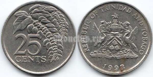 монета Тринидад и Тобаго 25 центов 1993 год