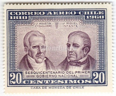 марка Чили 20 чентезимо "J. Agustin Eyzaguirre (1766-1837) and J. Miguel Infante" 1965 года