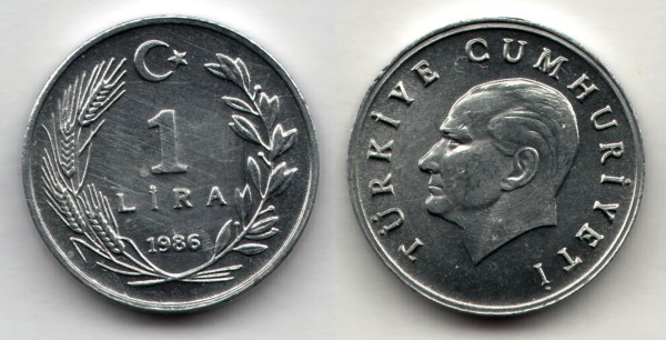 монета Турция 1 лира 1986 год