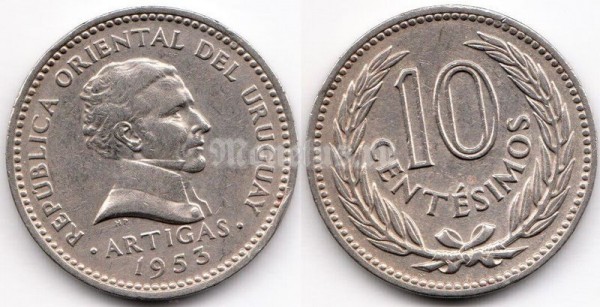 монета Уругвай 10 сентесимо 1953 год