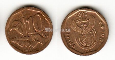 Монета Южная Африка 10 центов 2005 год