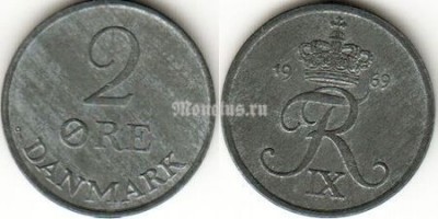 Монета Дания 2 эре 1969 год