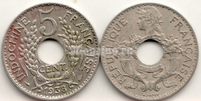 монета Французский Индокитай 5 центов 1938 год