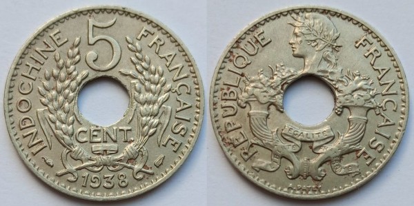 монета Французский Индокитай 5 центов 1938 год