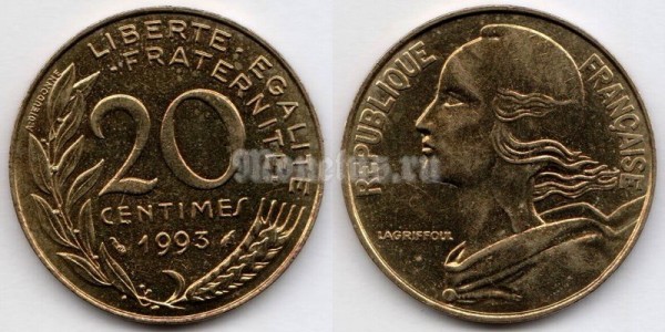 монета Франция 20 сантимов 1993 год