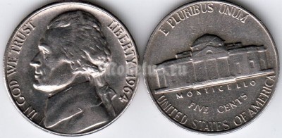 монета США 5 центов 1964 год без отметки монетного двора