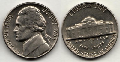 монета США 5 центов 1964 год без отметки монетного двора