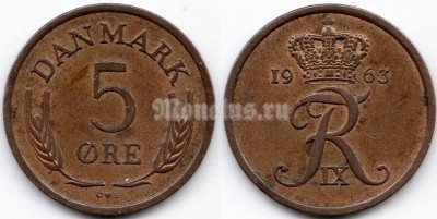 монета Дания 5 эре 1963 год