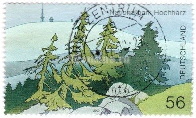 марка ФРГ 56 центов "National park Hochharz; Mountain landscape with spruce trees" 2002 год Гашение