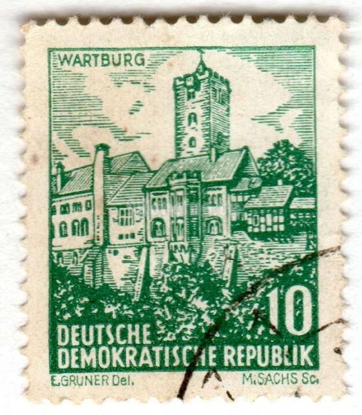 марка ГДР 10 пфенниг "Wartburg, Eisenach" 1961 год Гашение
