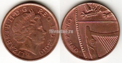 Монета Великобритания 1 пенни 2010 год