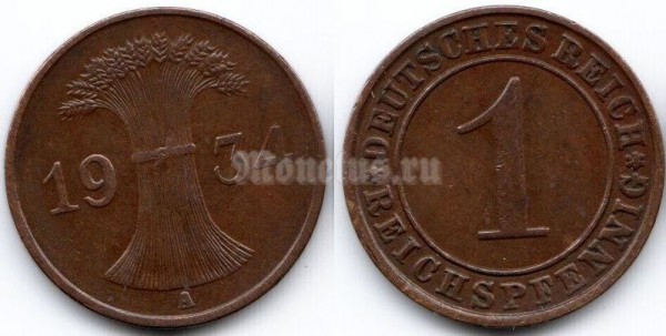 монета Германия 1 рейхспфенниг 1934 год A
