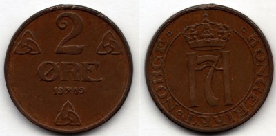 монета Норвегия 2 эре 1939 год