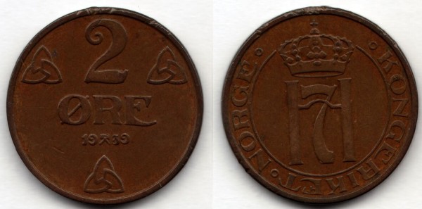 монета Норвегия 2 эре 1939 год