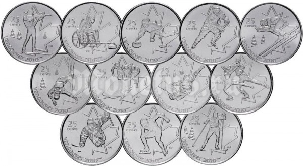 Канада набор из 12-ти монет 25 центов 2007 - 2009 год - XXI Зимние Олимпийские игры 2010 года в Ванкувере