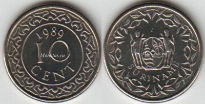монета Суринам 10 центов 1972- 1989 год