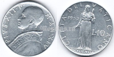 монета Ватикан 10 лир 1952 год