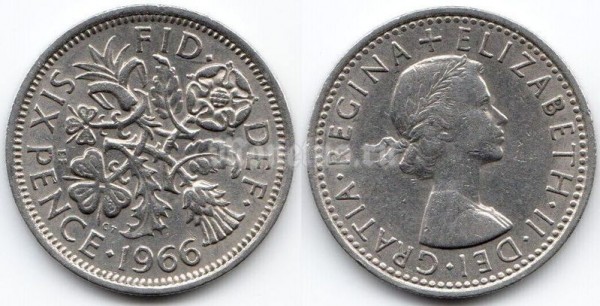 монета Великобритания 6 пенсов 1966 год