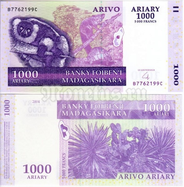 бона Мадагаскар 1000 ариари ( 5000 франков ) 2004 год подпись № 1
