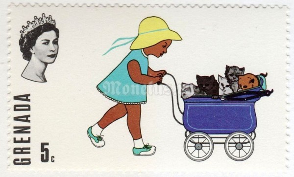 марка Гренада 5 центов "Girl, Carriage, Kittens" 1970 год