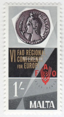 марка Мальта 1 шиллинг "F.A.O. Emblem and Coin" 1968 год