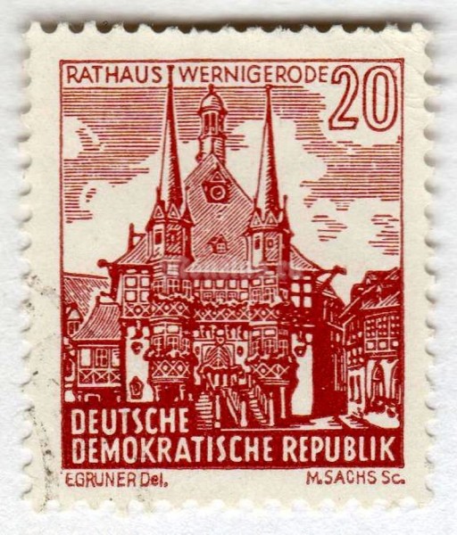 марка ГДР 20 пфенниг "Townhall, Wernigerode" 1961 год Гашение