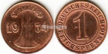 Монета Германия 1 рейхспфенниг 1934 год D