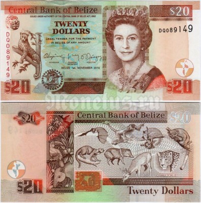 банкнота Белиз 20 долларов 2014 год - Дикие животные Белиза