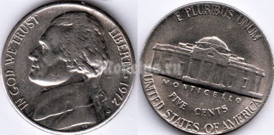 монета США 5 центов 1972 год монетный двор D