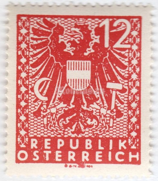 марка Австрия 12 рейхспфенинг "Coat of arms" 1945 год № 2