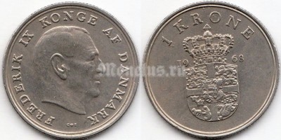 монета Дания 1 крона 1968 год