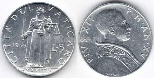 монета Ватикан 5 лир 1953 год