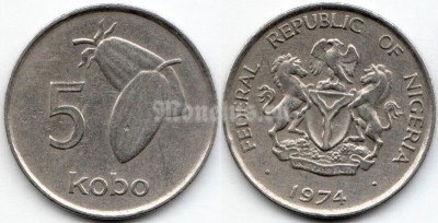 монета Нигерия 5 кобо 1974 года - Плоды какао