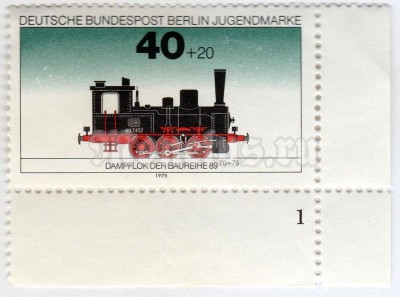 марка Западный Берлин 40+20 пфенниг "Steam locomotive class 89" 1975 год