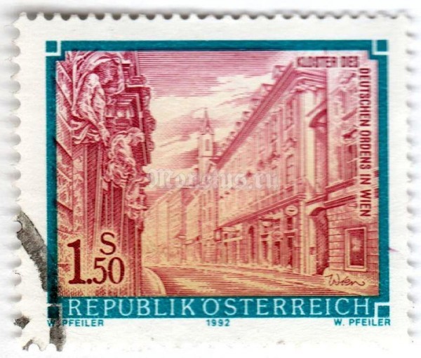 марка Австрия 1,5 шиллинга "Monastery of the German Order, Vienna" 1992 год Гашение