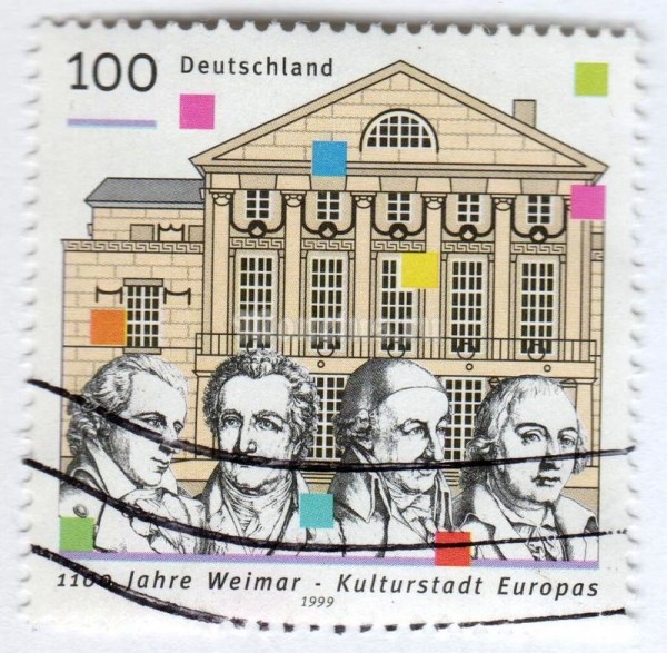 марка ФРГ 100 пфенниг "Schiller, Goethe, Wieland, Herder, German Nationaltheater" 1999 год Гашение