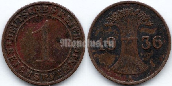 Монета Германия 1 рейхспфенниг 1936 год A