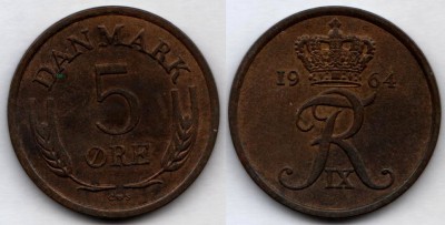 монета Дания 5 эре 1964 год