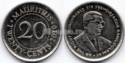 монета Маврикий 20 центов 2010 год