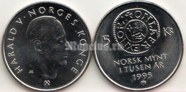 монета Норвегия 5 крон 1995 год 1000 лет норвежской монете