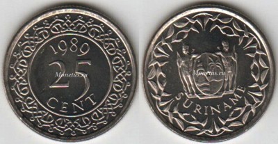 монета Суринам 25 центов 1989 год