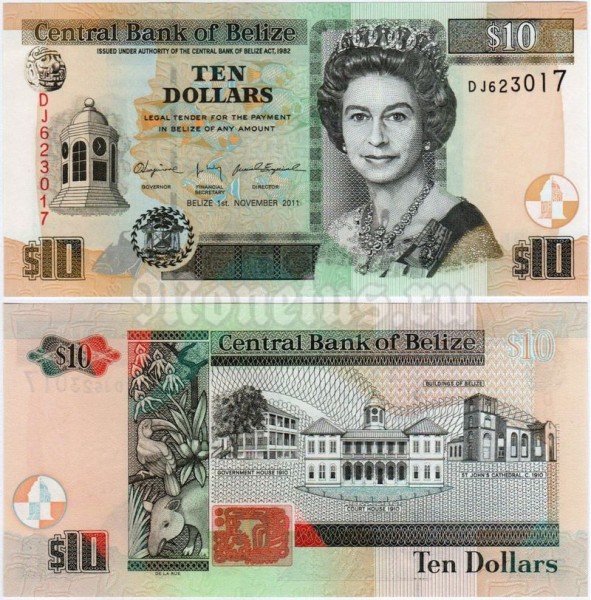 банкнота Белиз 10 долларов 2011 год - Собор Святого Иоанна Крестителя